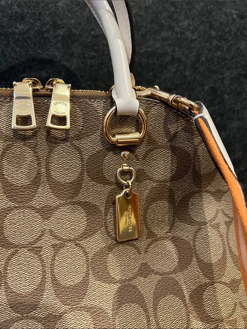 Coach Brown Signature Katy Dome Satchel with Orange Striped Strap